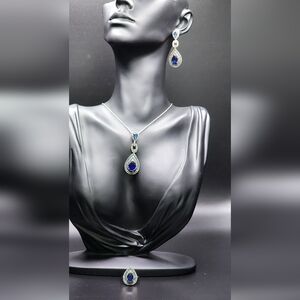 Vintage 925 Sterling Silver Necklace & Earrings Setwith Blue Zircon Stones